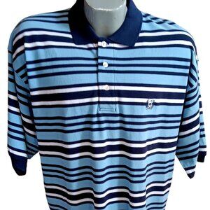 Men's Large Cinch Up Polo Shirt Striped Blue / Black Cotton Collared NEW NWT